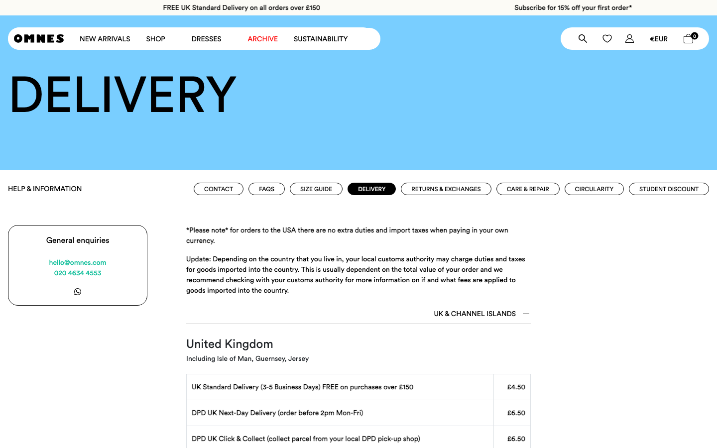 OMNES delivery page with multiple country sections including UK, Europe, and International, listing courier names and price bands.
