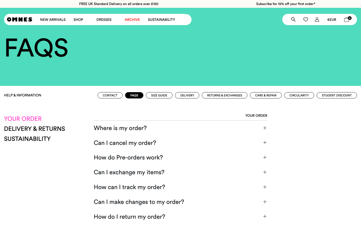 OMNES FAQs page with three category sections: Your Order, Delivery and Returns, Sustainability.