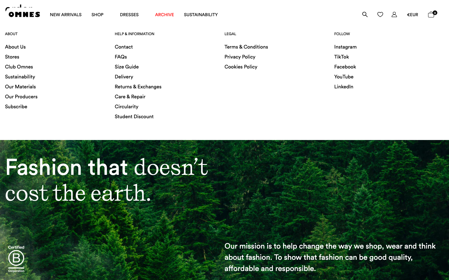 Footer area of the OMNES homepage scrolled to the bottom, showing site navigation, sustainability copy, and an empty bottom-right corner with no chat bubble or helpdesk launcher.