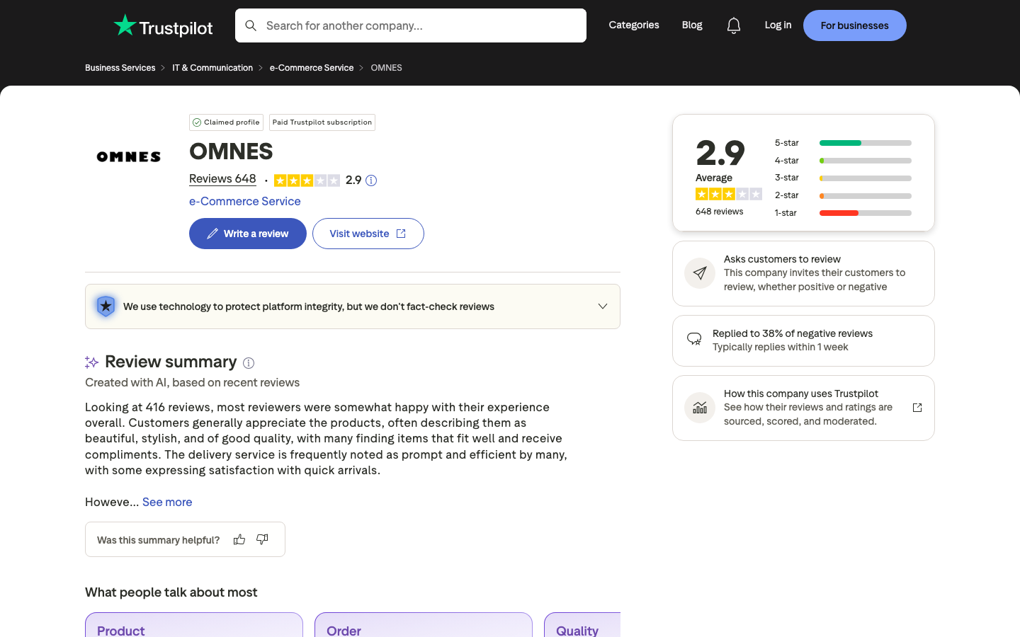 Trustpilot review summary for omnes.com showing 2.9 stars across 648 reviews with the AI summary flagging refund delays and communication as recurring themes.